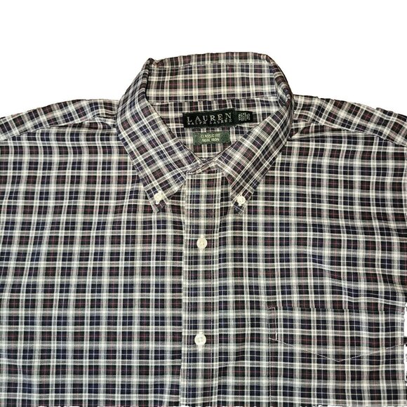 Lauren Ralph Lauren Shirt Mens 17 1/2 Classic Fit Navy Blue Check Print Button - Picture 1 of 16
